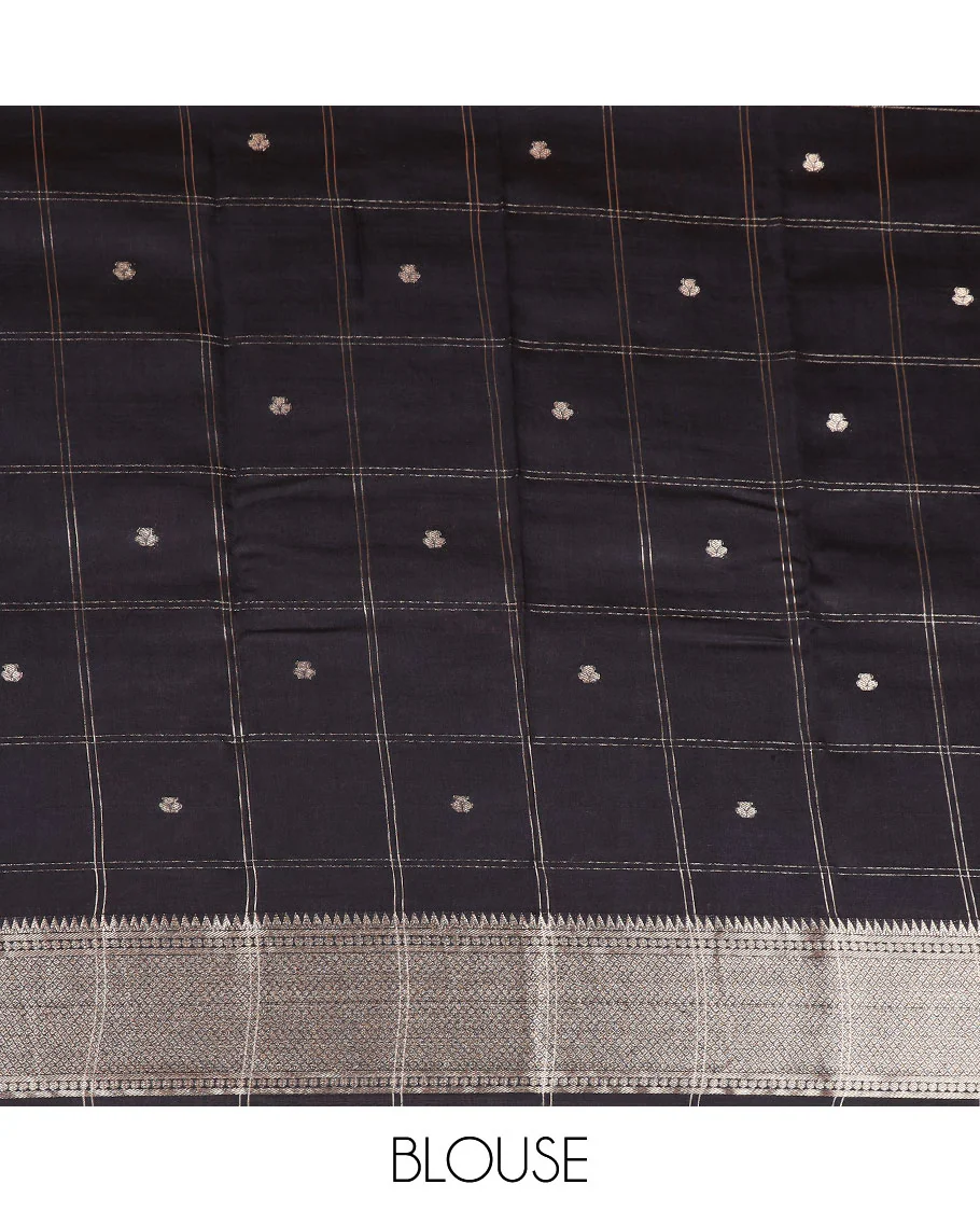 Pale blue buttas enclosed checked assam silk saree, contrast traditional zari border, and pallu of zari design - Image 3