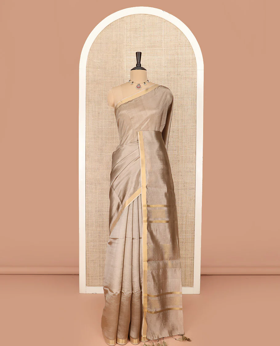 Pale Brown Plain Banana Pith Saree Subtly Sparkled with Zari Bavanji Border, Gleaming Zari Stripes Woven Pallu, and Paired with a Matching Plain Blouse - Image 3