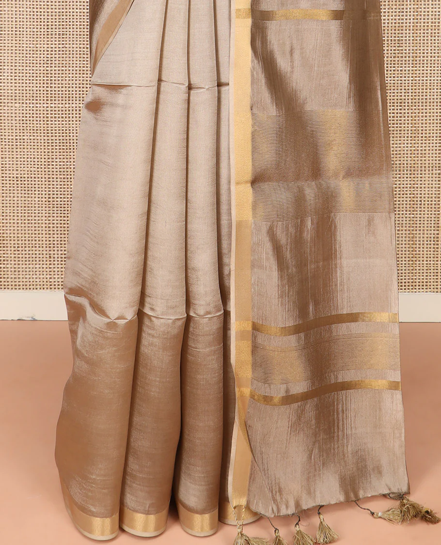 Pale Brown Plain Banana Pith Saree Subtly Sparkled with Zari Bavanji Border, Gleaming Zari Stripes Woven Pallu, and Paired with a Matching Plain Blouse - Image 4
