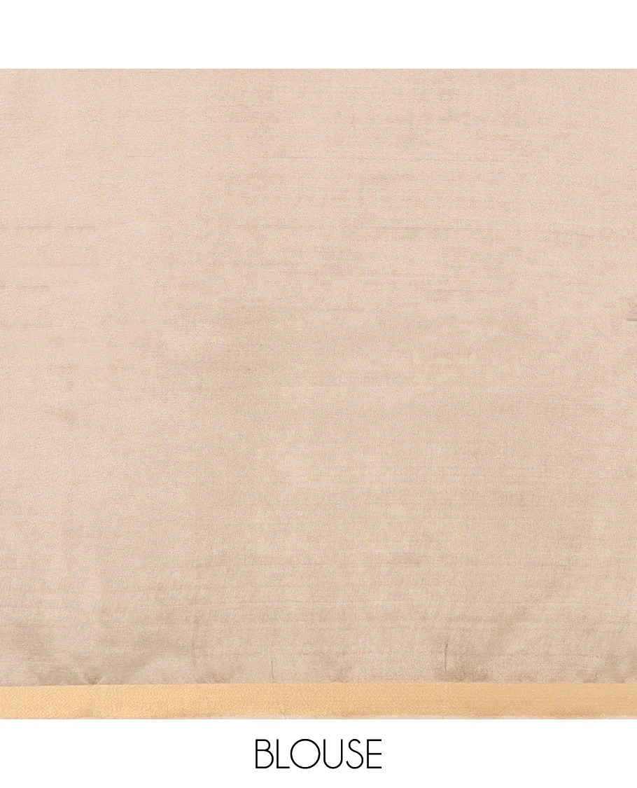 Pale Brown Plain Banana Pith Saree Subtly Sparkled with Zari Bavanji Border, Gleaming Zari Stripes Woven Pallu, and Paired with a Matching Plain Blouse - Image 5