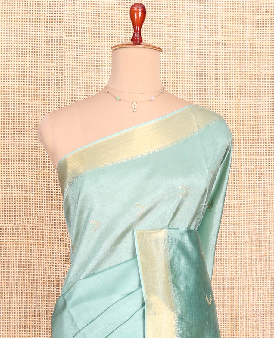Pale Green Banana Pith Saree Decorated with Zari Temple Buttas, Delicately Woven Temple Zari Border, Gleaming Zari Pallu of Horizontal Stripes in Zari, and Paired with a Matching Plain Blouse - Image 2