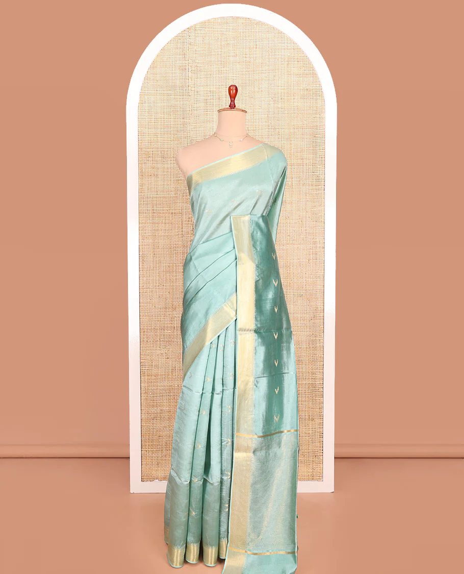 Pale Green Banana Pith Saree Decorated with Zari Temple Buttas, Delicately Woven Temple Zari Border, Gleaming Zari Pallu of Horizontal Stripes in Zari, and Paired with a Matching Plain Blouse - Image 3