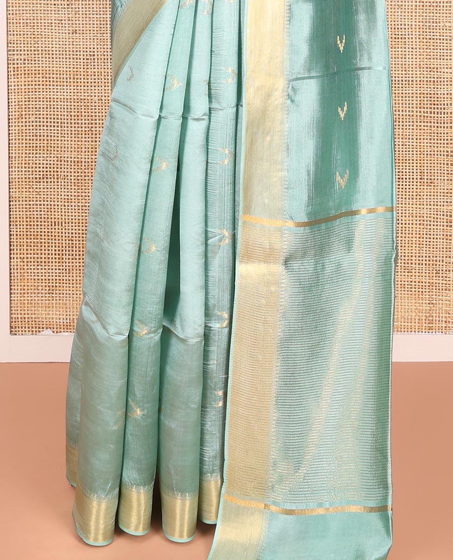 Pale Green Banana Pith Saree Decorated with Zari Temple Buttas, Delicately Woven Temple Zari Border, Gleaming Zari Pallu of Horizontal Stripes in Zari, and Paired with a Matching Plain Blouse - Image 4