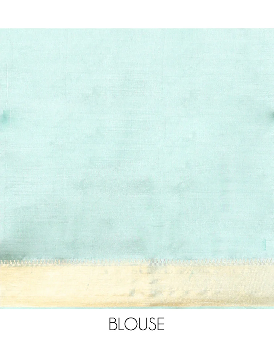 Pale Green Banana Pith Saree Decorated with Zari Temple Buttas, Delicately Woven Temple Zari Border, Gleaming Zari Pallu of Horizontal Stripes in Zari, and Paired with a Matching Plain Blouse - Image 5