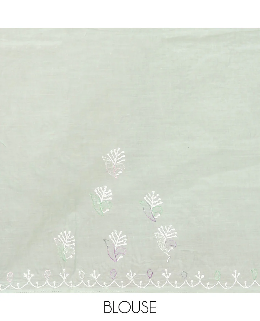 Pale green colorful embroidered buttas Lucknowi chikankari saree, thread embroidered border, and floral-paisley motifs embroidered pallu - Image 3