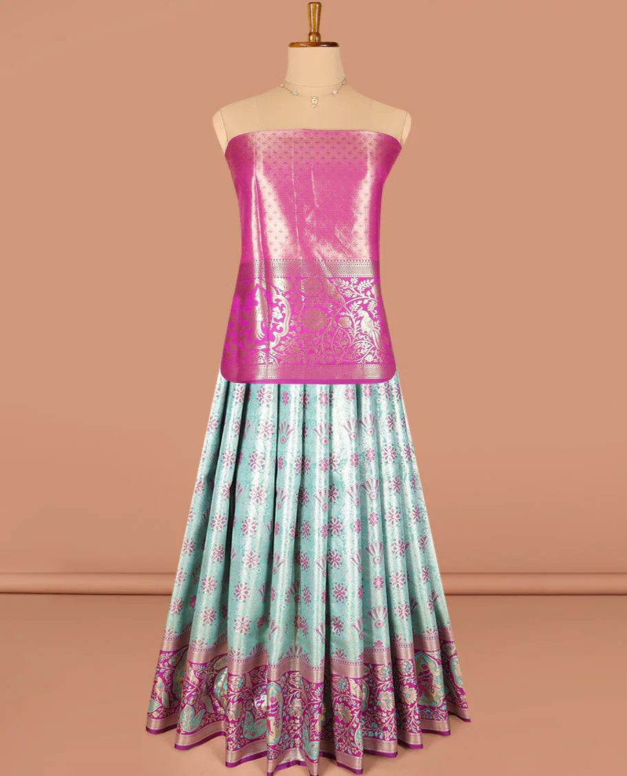 Pale green floral jacquard art silk half-saree saree with contrast meenakari bordered skirt, contrast jacquard blouse, and a contrast zari paisleys woven dhavani - Image 2