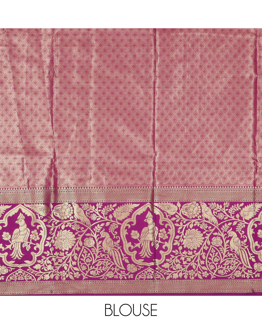 Pale green floral jacquard art silk half-saree saree with contrast meenakari bordered skirt, contrast jacquard blouse, and a contrast zari paisleys woven dhavani - Image 5