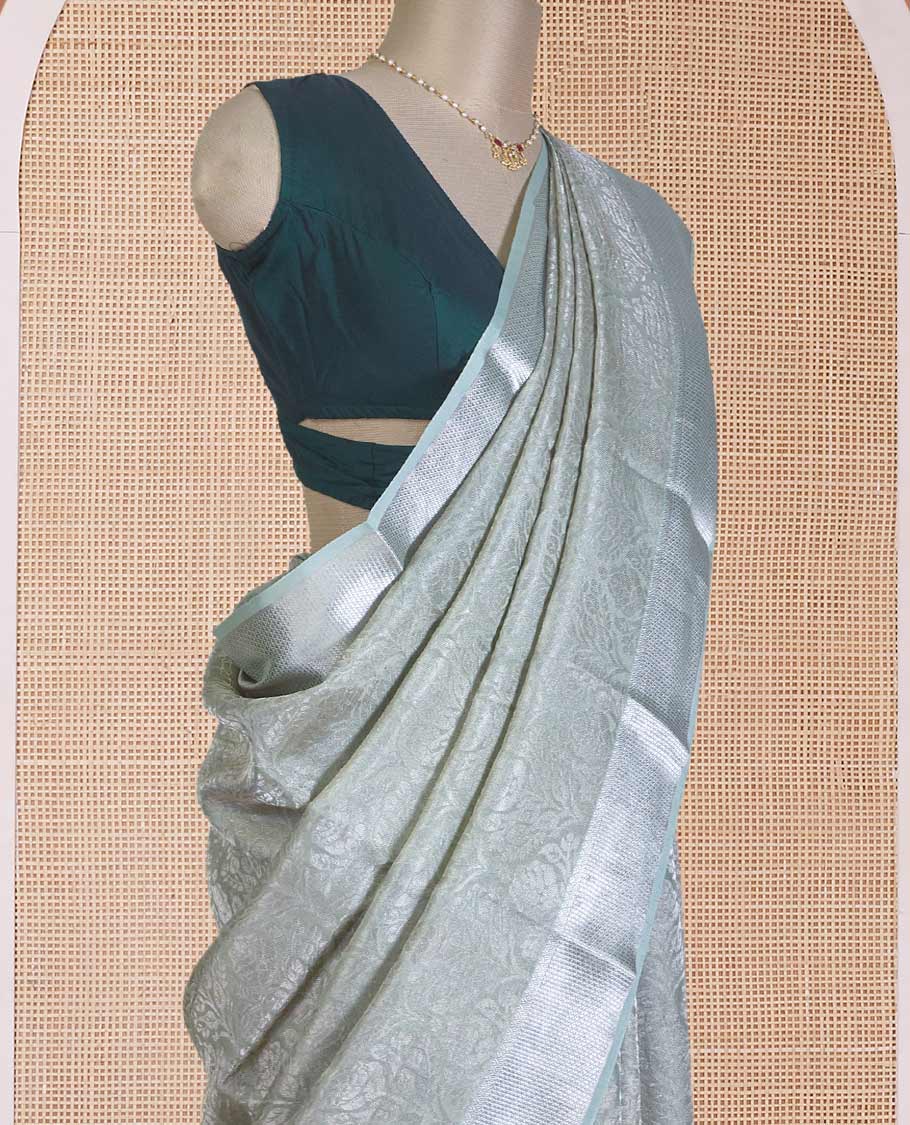 Pale green jacquard Mysore silk saree, traditional zari border, and jaal pallu - Image 3