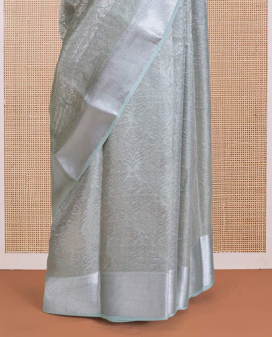 Pale green jacquard Mysore silk saree, traditional zari border, and jaal pallu - Image 4