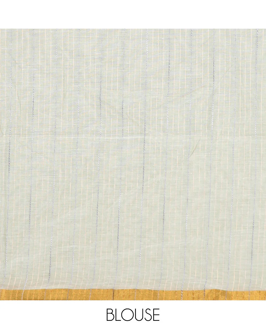 Pale green plain jute cotton saree, zari bavanji border, and striped pallu - Image 3