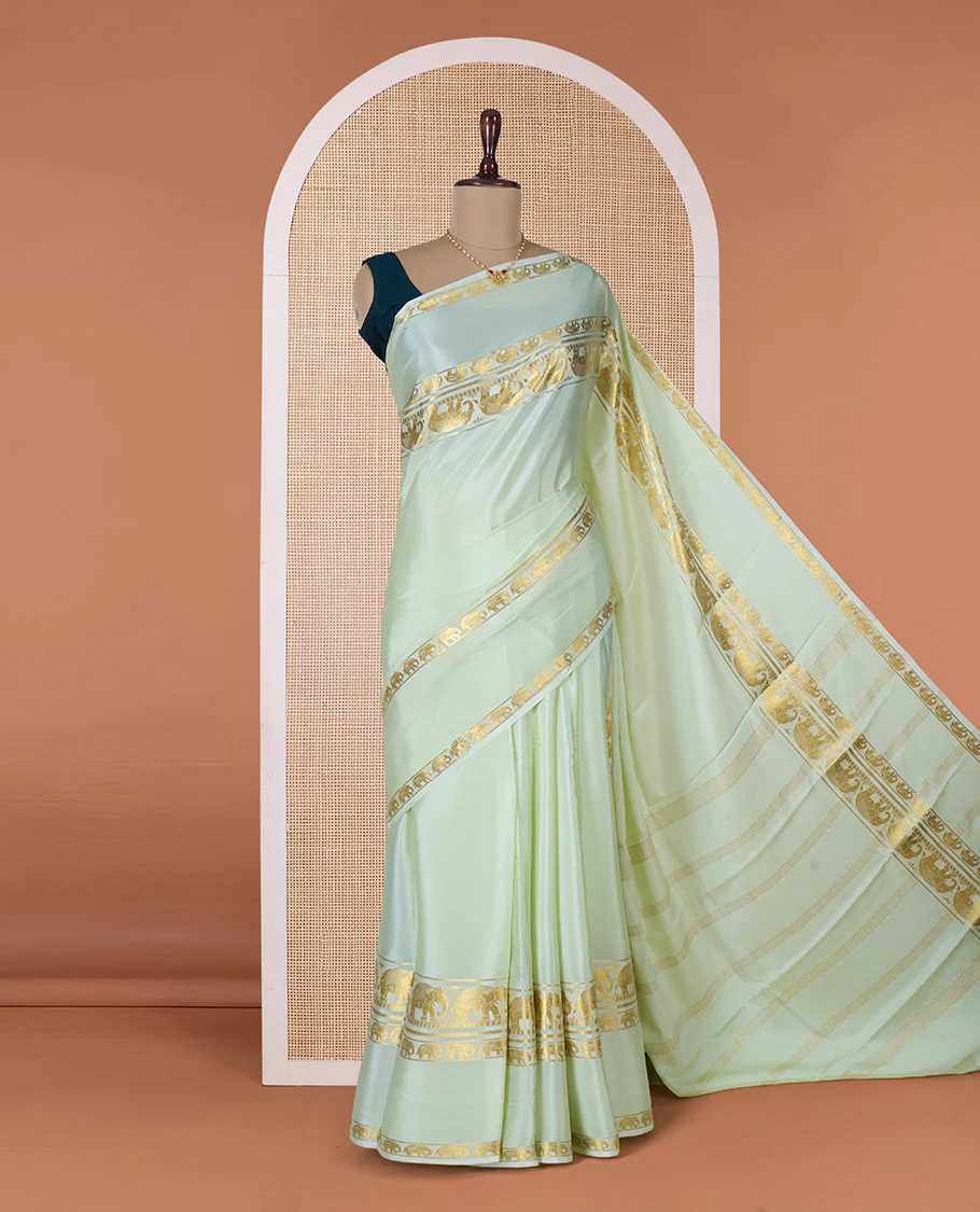 Pale green plain Mysore silk saree, rettai pettu border of elephant motifs, and pallu of stripes in zari - Image 2