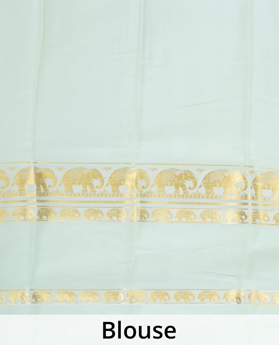 Pale green plain Mysore silk saree, rettai pettu border of elephant motifs, and pallu of stripes in zari - Image 5