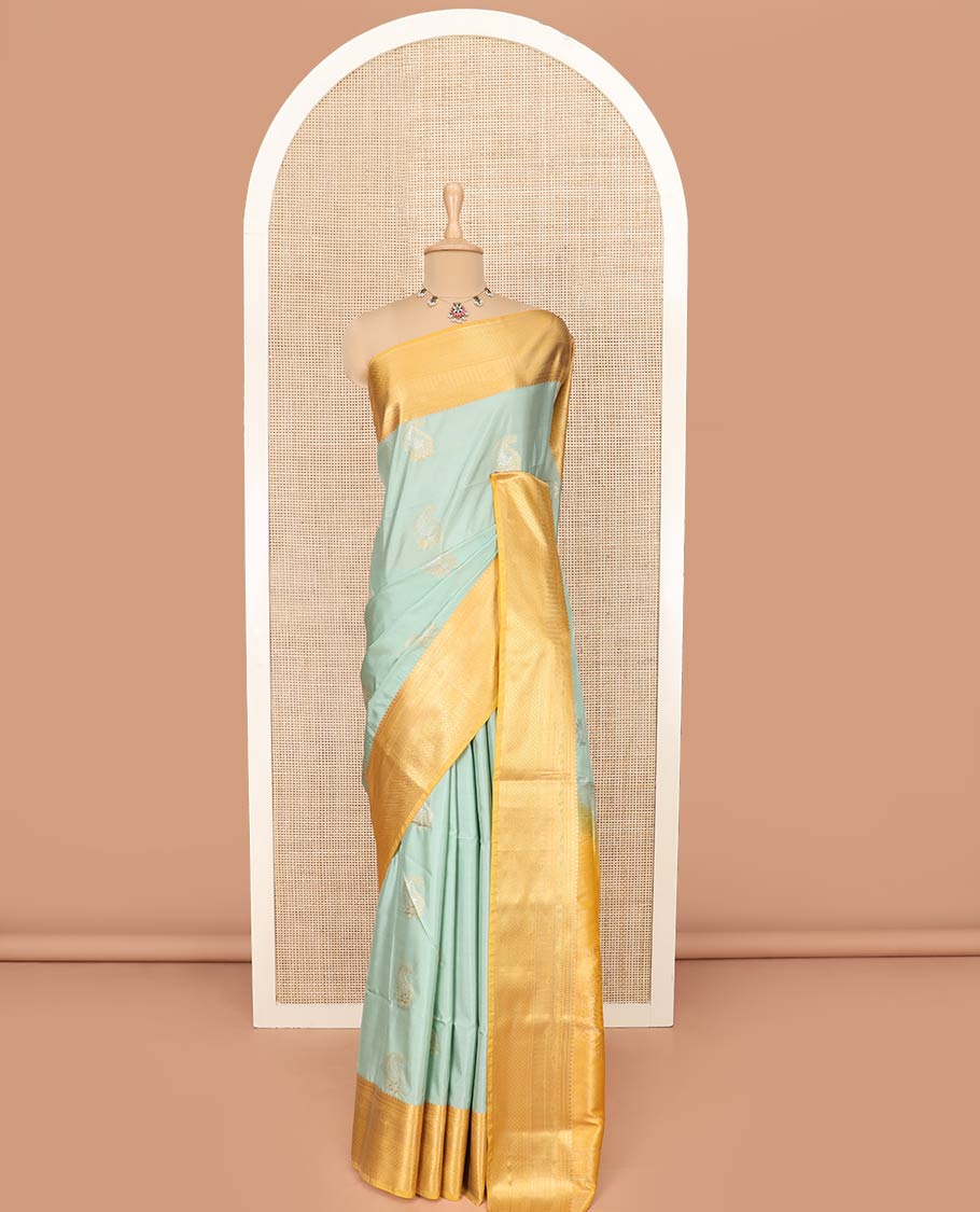 Pale Green Semi-Soft Silk Saree Featuring Paisley Buttas, Complemented by Contrast Traditional Zari Border, Gracefully Embellished Pallu of Paisley Designs, and Paired with a Contrast Blouse - Image 3