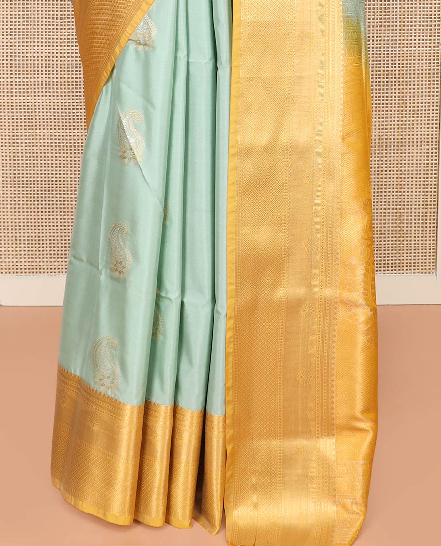 Pale Green Semi-Soft Silk Saree Featuring Paisley Buttas, Complemented by Contrast Traditional Zari Border, Gracefully Embellished Pallu of Paisley Designs, and Paired with a Contrast Blouse - Image 4