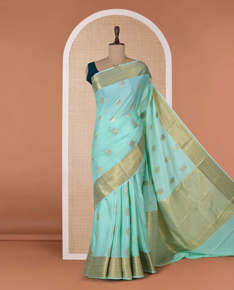 Pale green zari floral motifs woven Mysore silk saree, traditional motifs border, and pallu of intricate designs - Image 2