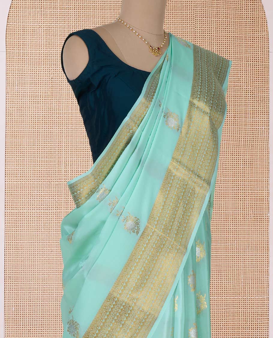 Pale green zari floral motifs woven Mysore silk saree, traditional motifs border, and pallu of intricate designs - Image 3