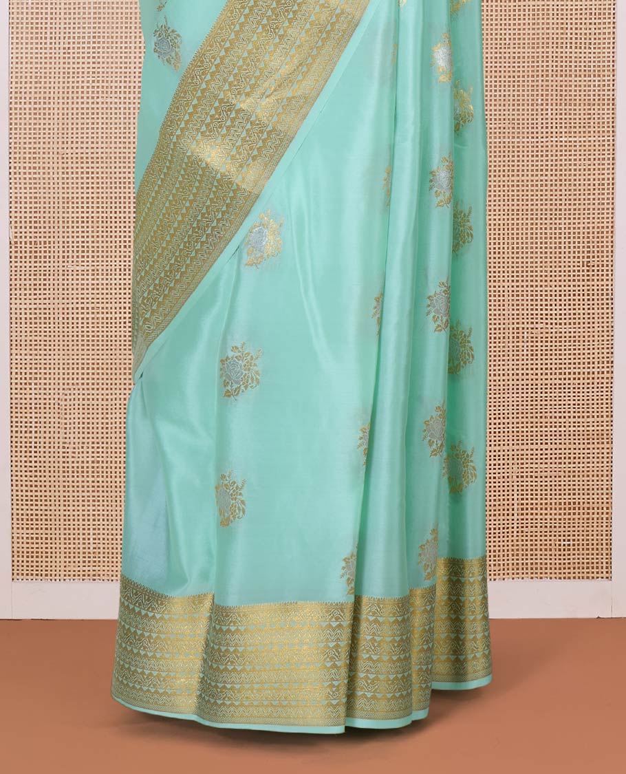Pale green zari floral motifs woven Mysore silk saree, traditional motifs border, and pallu of intricate designs - Image 4
