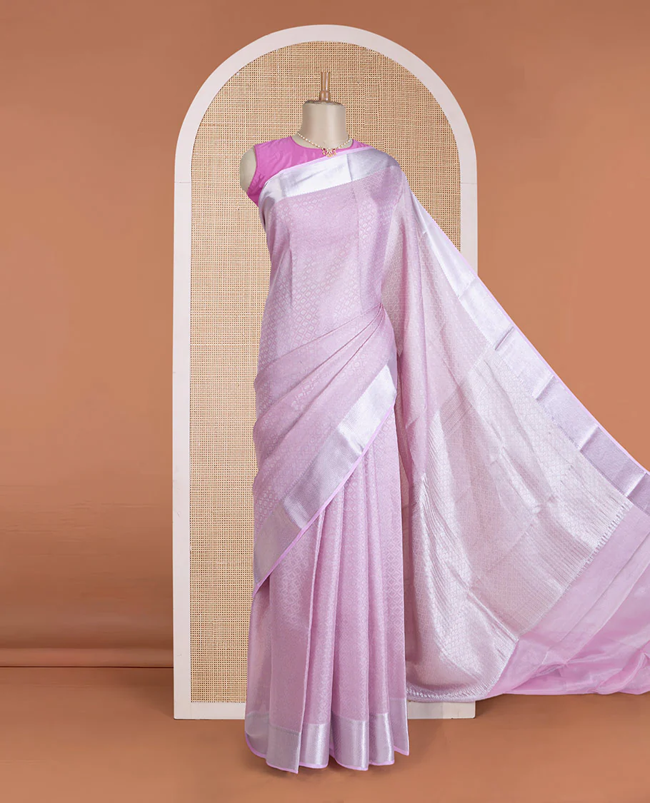 Pale lavender jacquard Mysore silk saree, traditional zari border, and jaal pallu - Image 2