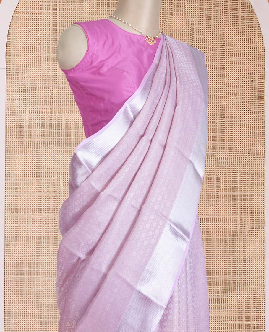 Pale lavender jacquard Mysore silk saree, traditional zari border, and jaal pallu - Image 3