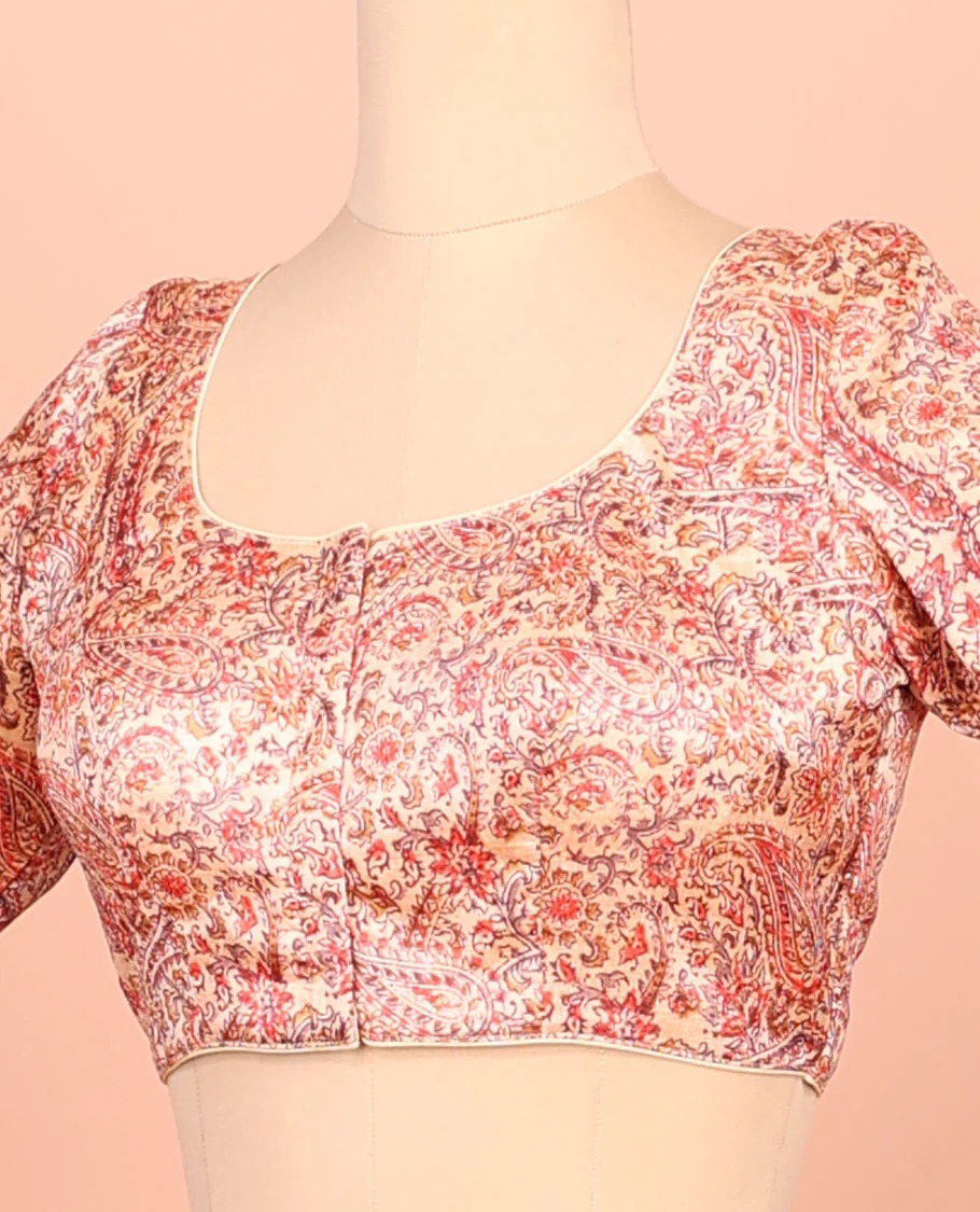Pale orange paisleys printed front-back round-neck elbow sleeve readymade blouse - Image 2