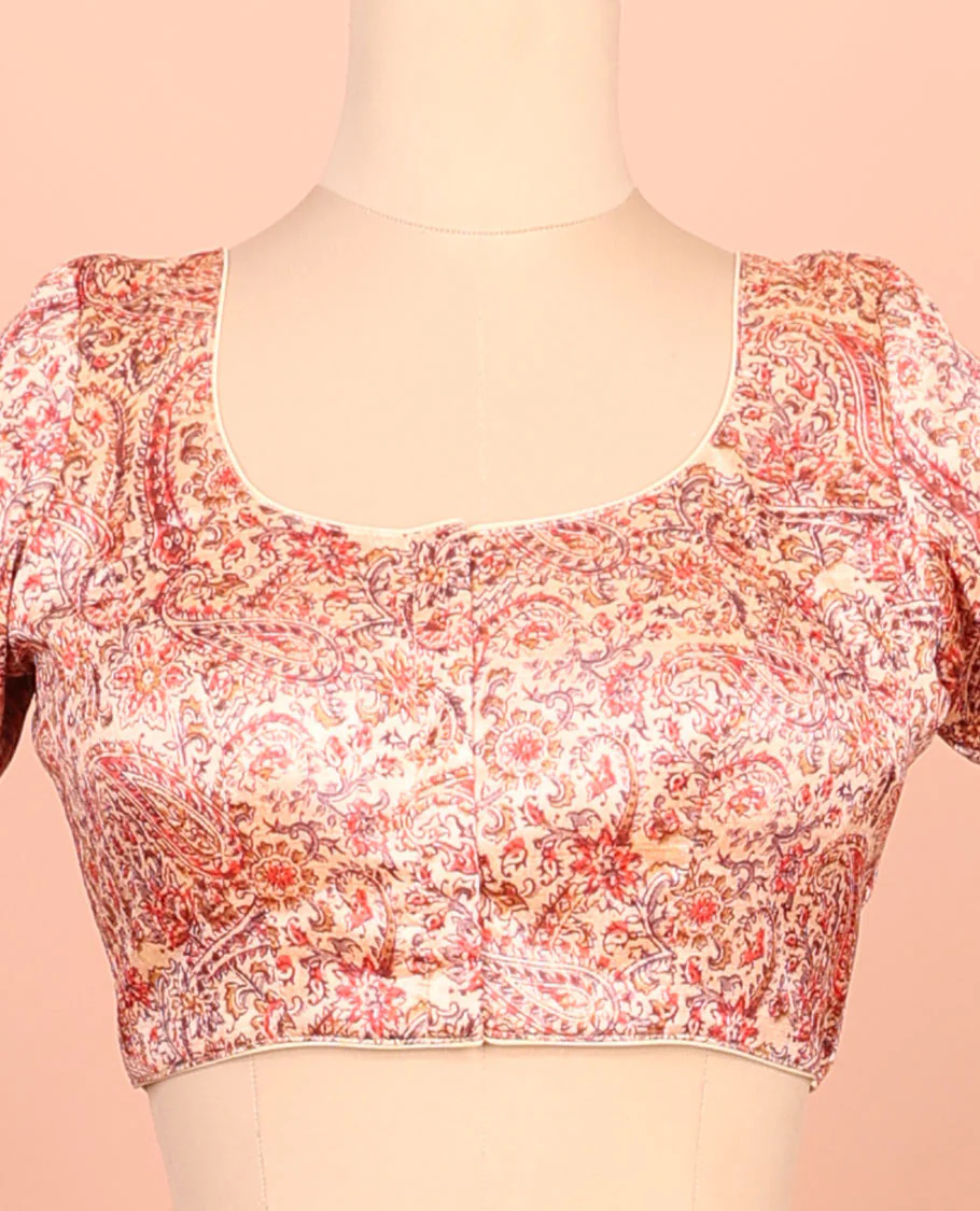 Pale orange paisleys printed front-back round-neck elbow sleeve readymade blouse - Image 3