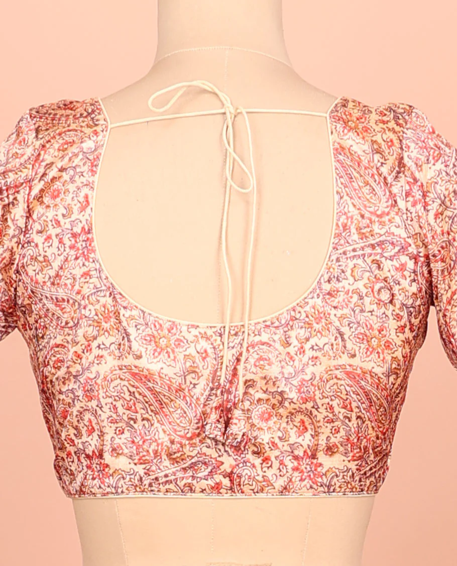 Pale orange paisleys printed front-back round-neck elbow sleeve readymade blouse - Image 4