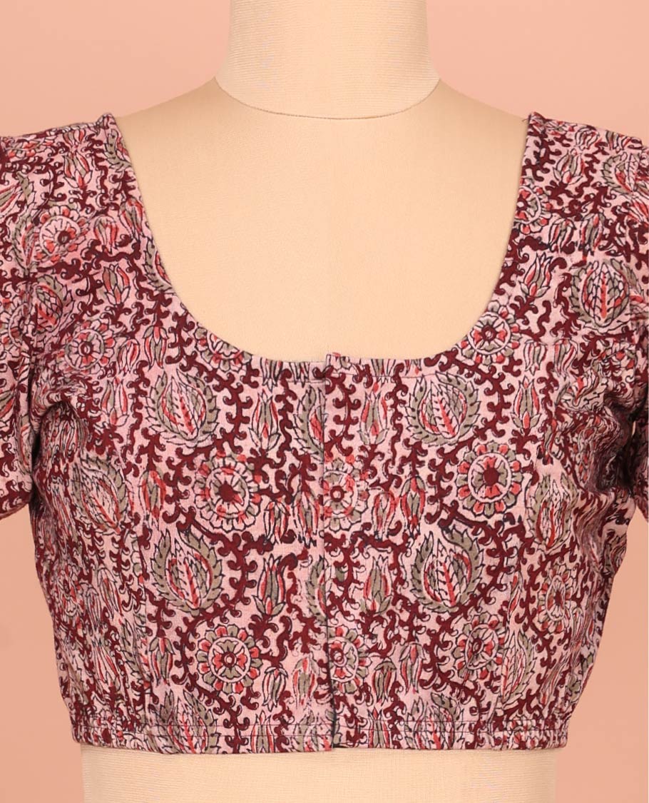 Pale Pink Cotton Readymade Blouse Spotlighted with All-Over Floral Vine Print, Featuring a Front Round-Neck, a Closed Back Neck, and Elbow Sleeves - Image 2
