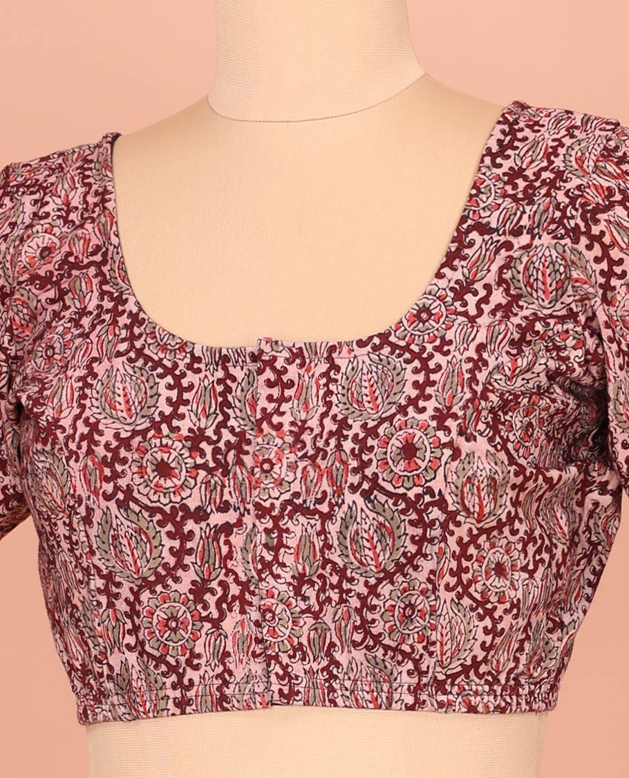 Pale Pink Cotton Readymade Blouse Spotlighted with All-Over Floral Vine Print, Featuring a Front Round-Neck, a Closed Back Neck, and Elbow Sleeves - Image 3