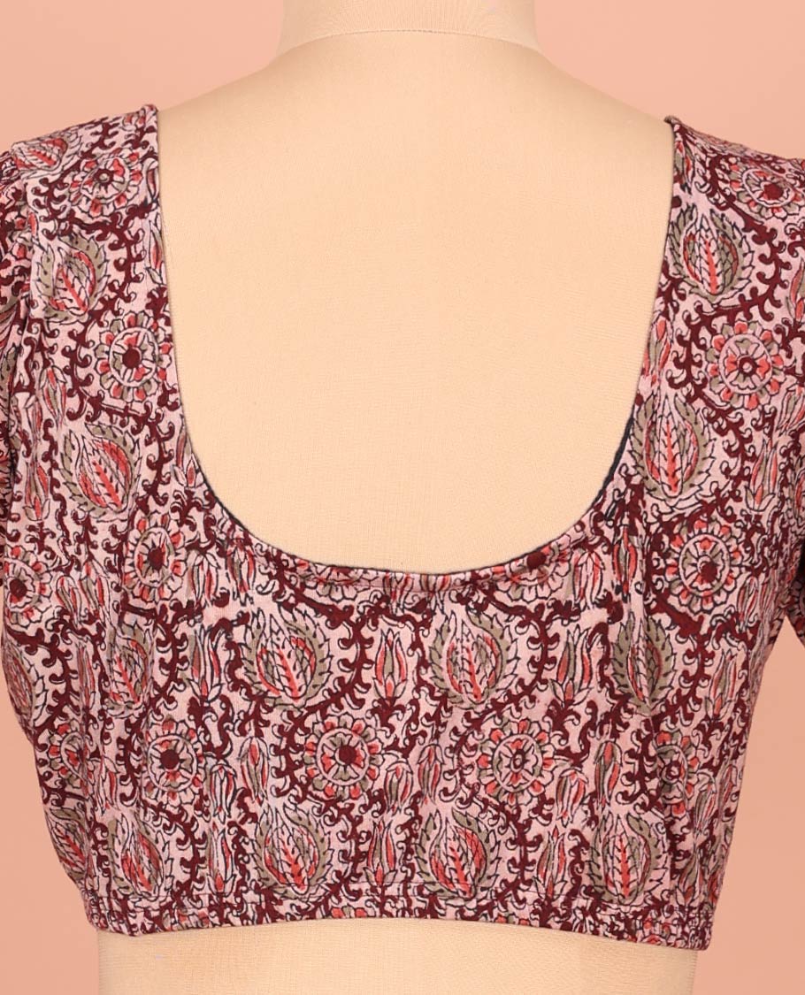 Pale Pink Cotton Readymade Blouse Spotlighted with All-Over Floral Vine Print, Featuring a Front Round-Neck, a Closed Back Neck, and Elbow Sleeves - Image 4