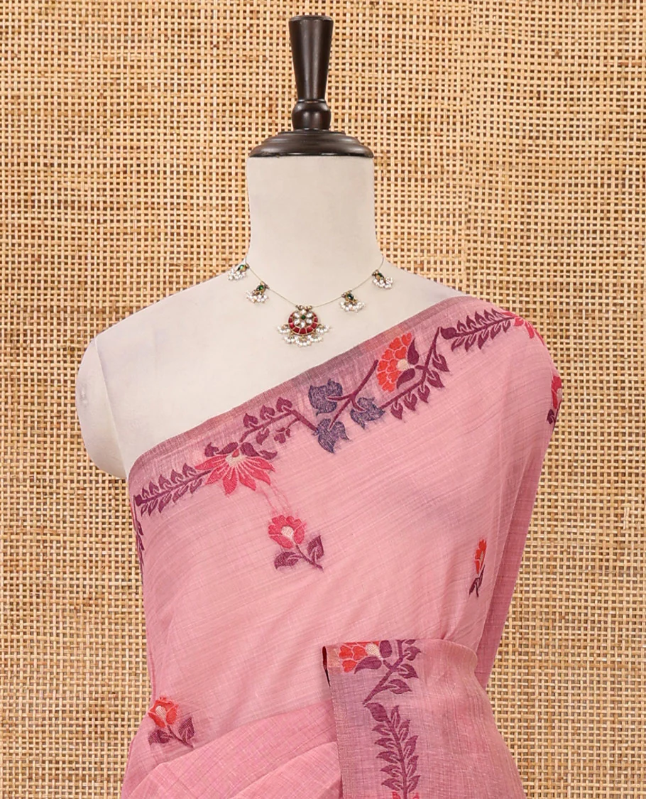 Pale pink meena buttas woven linen saree, jamdhani-style floral design woven border, floral design pallu & contrast zari butta blouse - Image 3