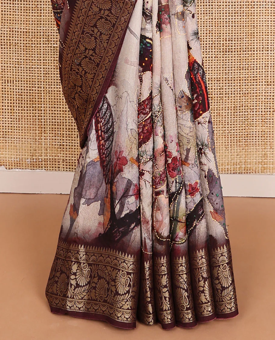 Pale pink nature-theme printed with French knot embroidered dola silk saree, contrast floral zari design border & French knot thread embroidered pallu - Image 3