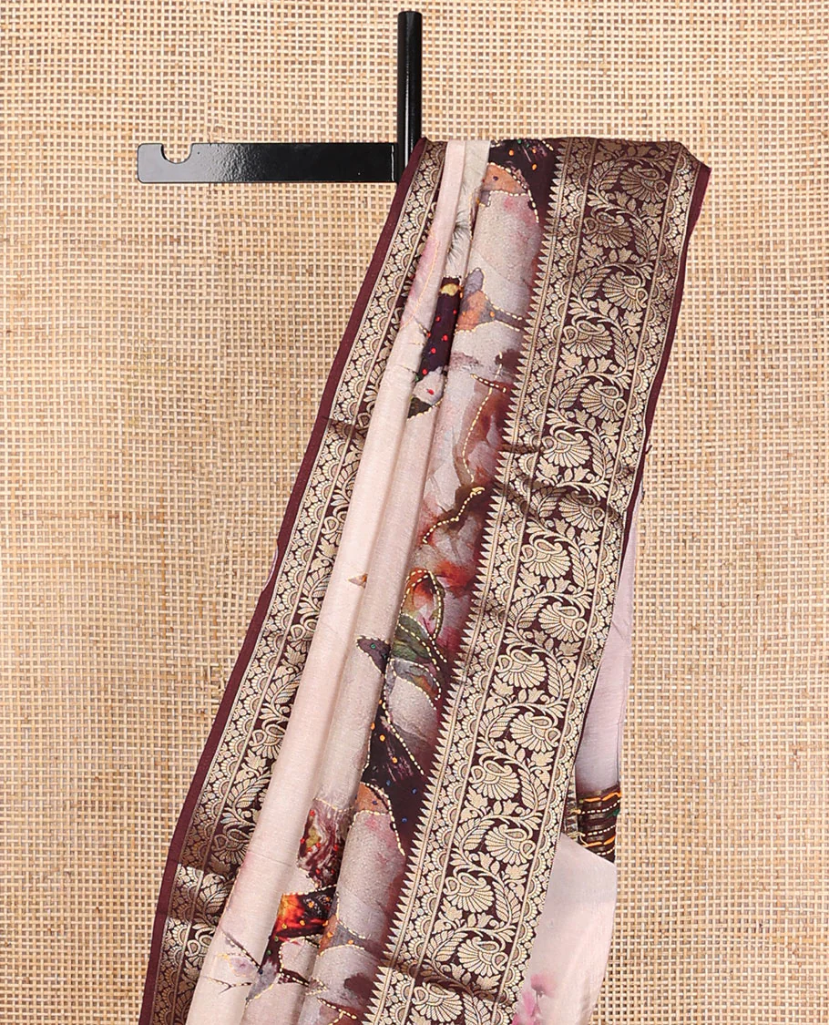 Pale pink nature-theme printed with French knot embroidered dola silk saree, contrast floral zari design border & French knot thread embroidered pallu - Image 4