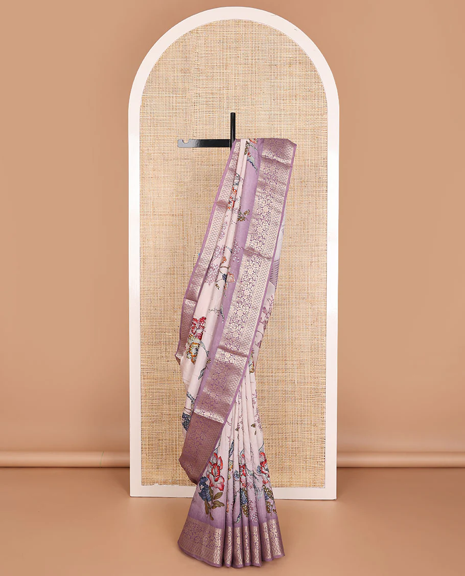 Pale purple floral printed with sequin embroidered dola silk saree, contrast floral zari border & zari striped pallu