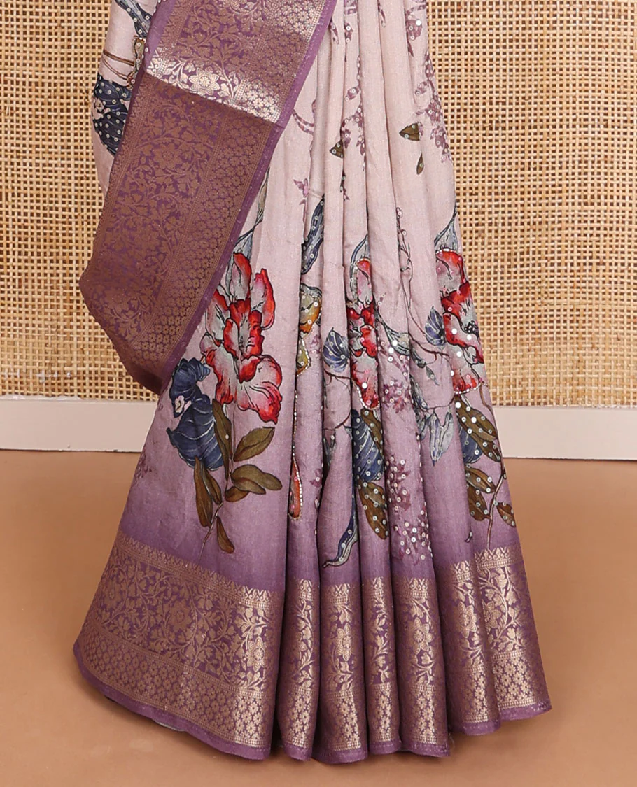 Pale purple floral printed with sequin embroidered dola silk saree, contrast floral zari border & zari striped pallu - Image 4