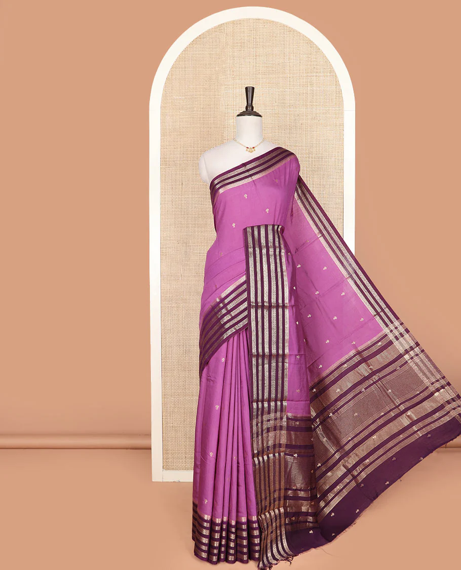 Pale purple zari buttas assam silk saree, contrast traditional zari motifs woven border, and zari striped pallu