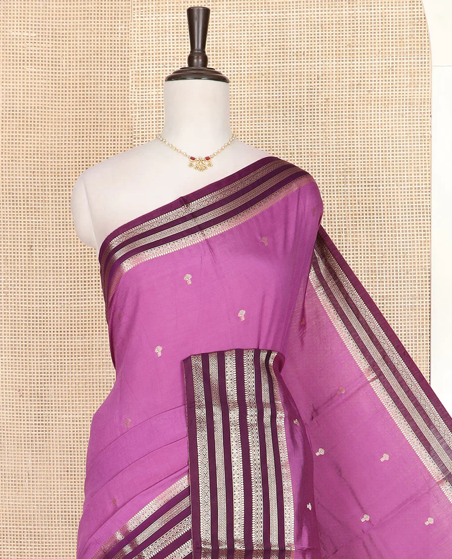 Pale purple zari buttas assam silk saree, contrast traditional zari motifs woven border, and zari striped pallu - Image 2
