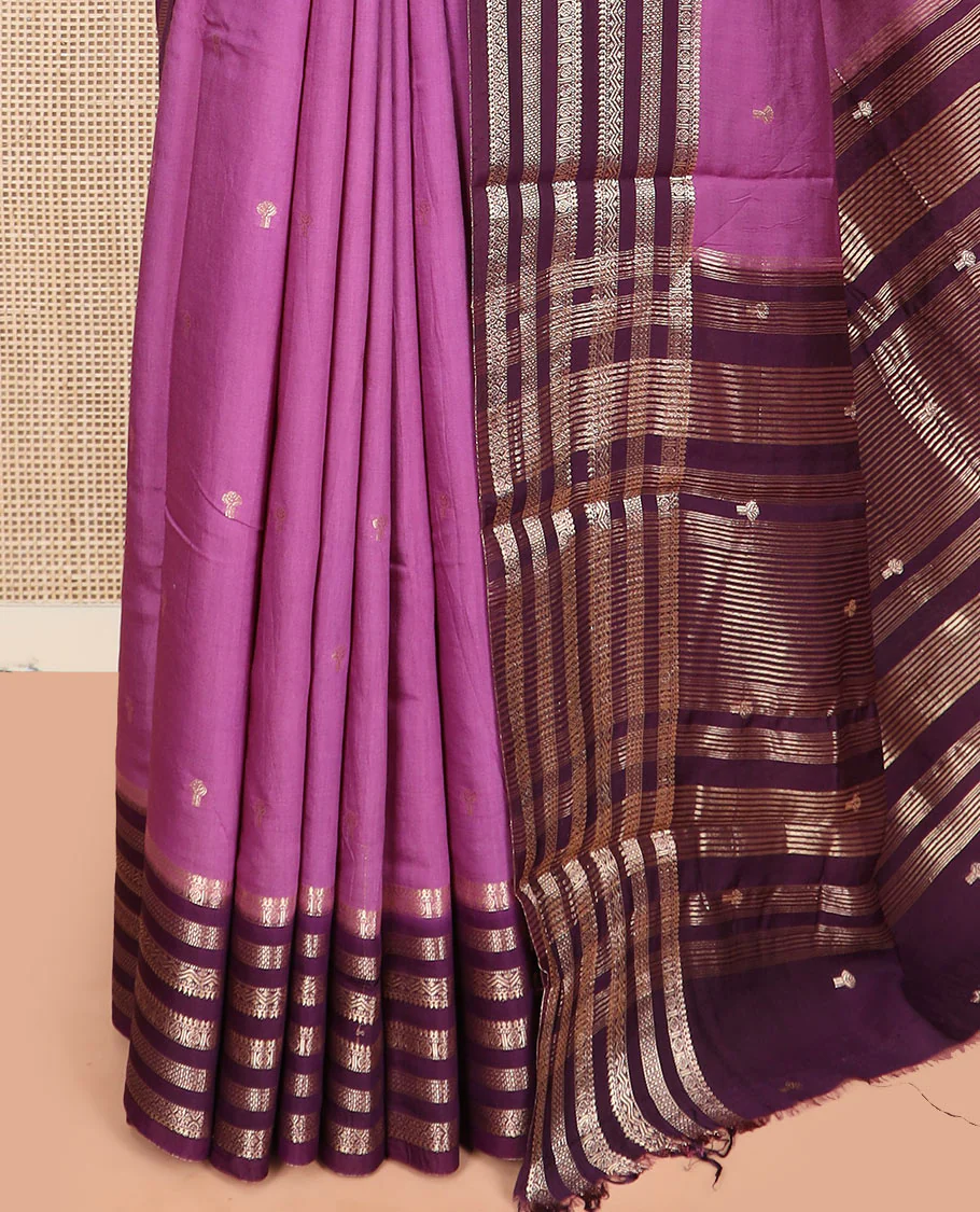 Pale purple zari buttas assam silk saree, contrast traditional zari motifs woven border, and zari striped pallu - Image 3