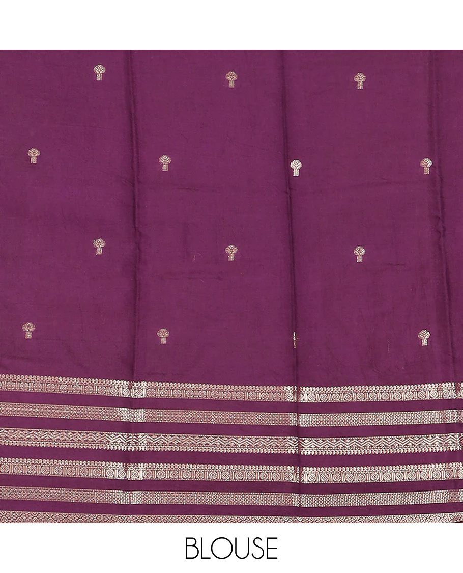 Pale purple zari buttas assam silk saree, contrast traditional zari motifs woven border, and zari striped pallu - Image 4