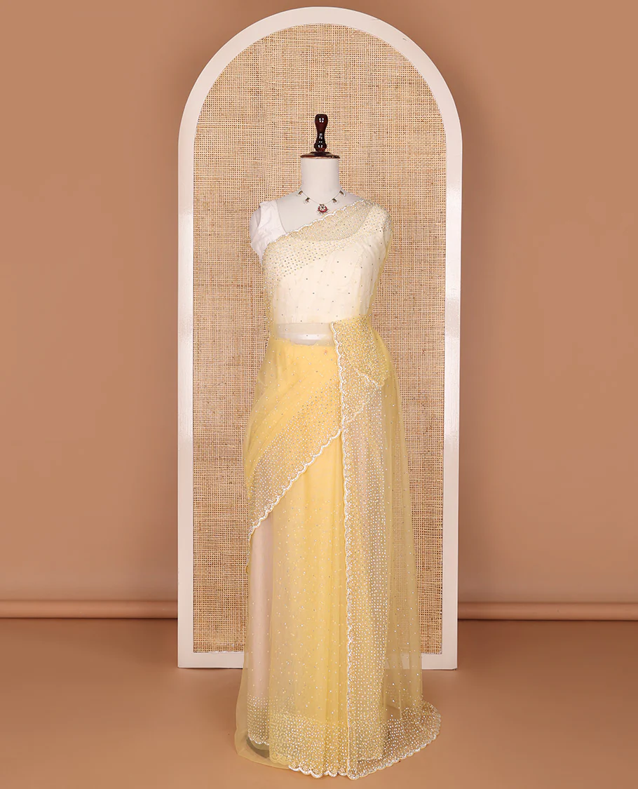 Pale yellow crystal stone & pearl beads embroidered designer saree with scallop embroidered border - Image 2