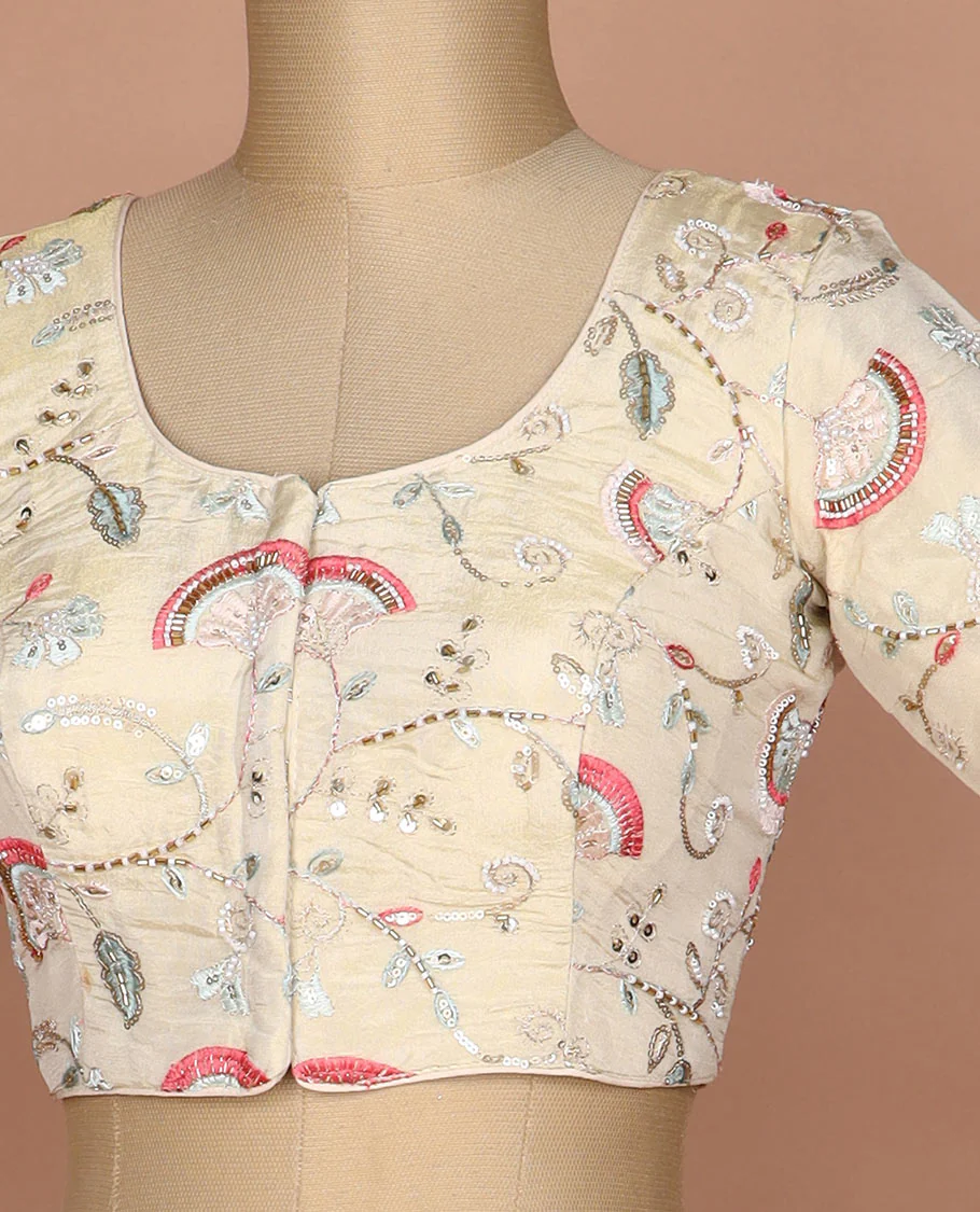 Pale yellow floral vine mixed embroidered round neck elbow sleeve raw silk readymade blouse - Image 2