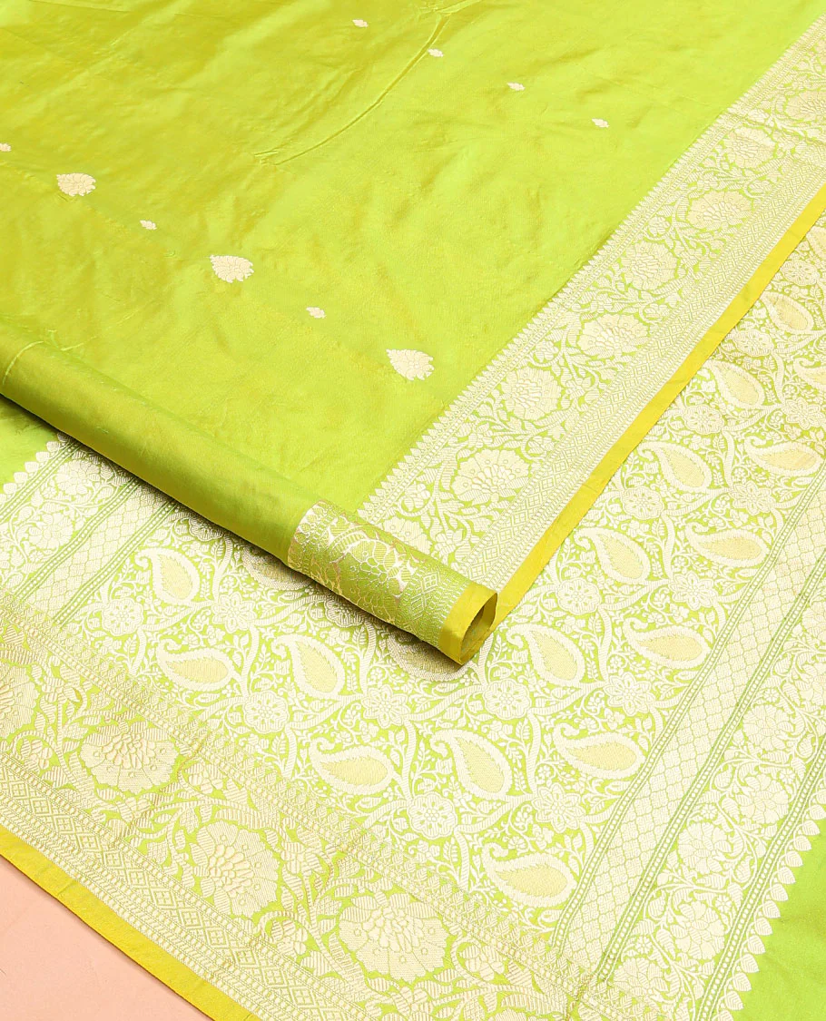Parrot green buttas banarasi kathan silk saree,  floral creeper  border, and pallu of paisley jaal design - Image 2
