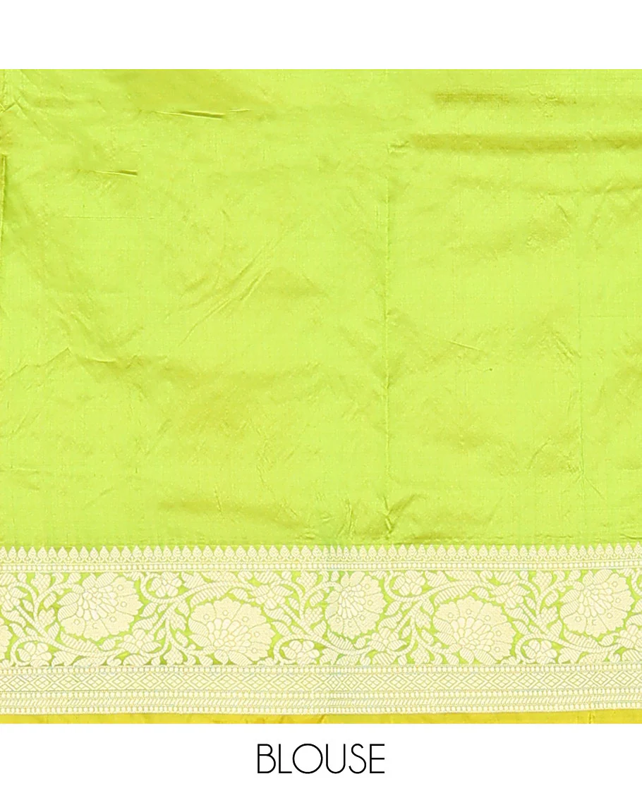 Parrot green buttas banarasi kathan silk saree,  floral creeper  border, and pallu of paisley jaal design - Image 6