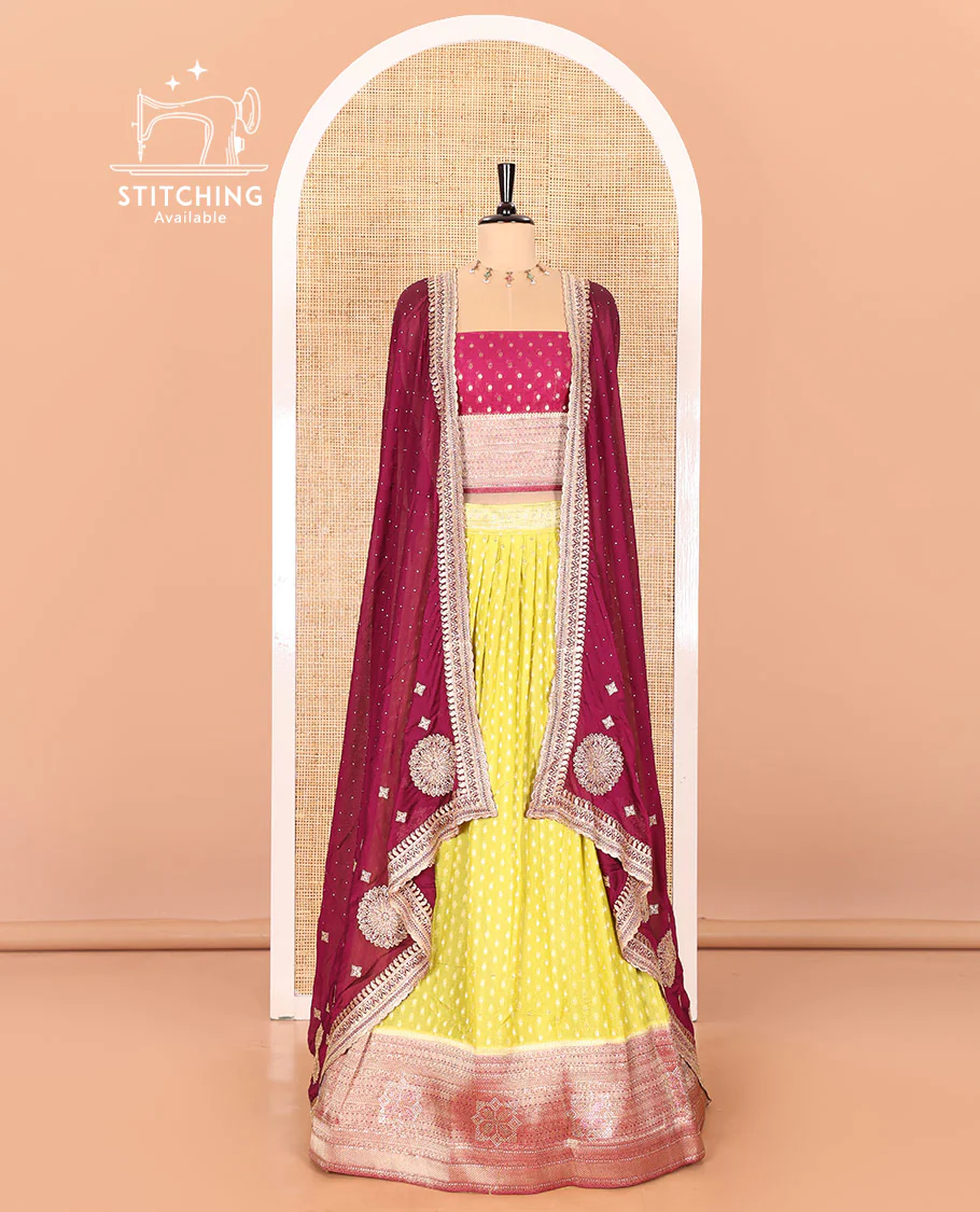 Parrot Green Buttas Embroidered Half-Saree with Contrast Traditional Motifs, Embroidered Viscose Georgette Border, Contrast Blouse, Intricately Embroidered Syska Georgette Dhavani, and a Embroidered Belt - Image 2