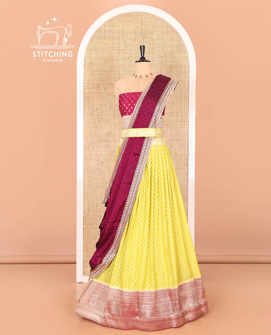 Parrot Green Buttas Embroidered Half-Saree with Contrast Traditional Motifs, Embroidered Viscose Georgette Border, Contrast Blouse, Intricately Embroidered Syska Georgette Dhavani, and a Embroidered Belt - Image 3