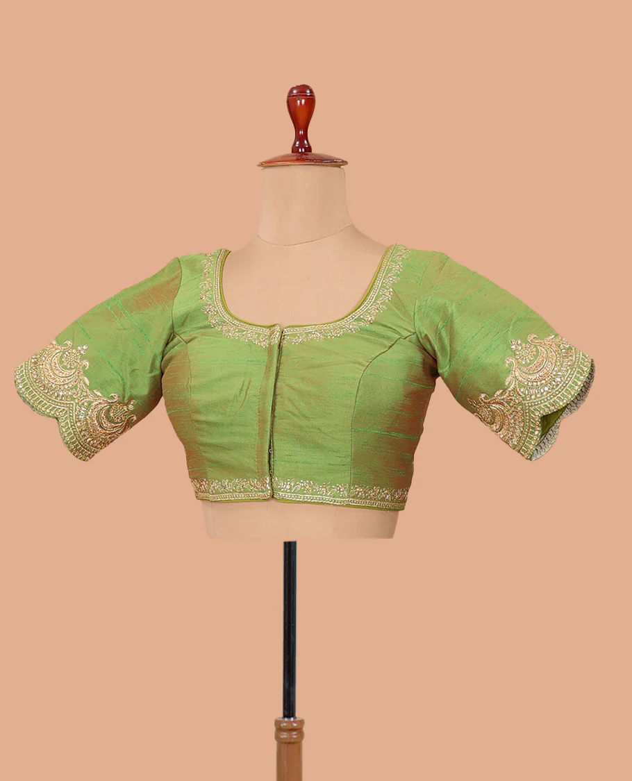 Parrot green embroidered front-back round neck elbow sleeve blouse