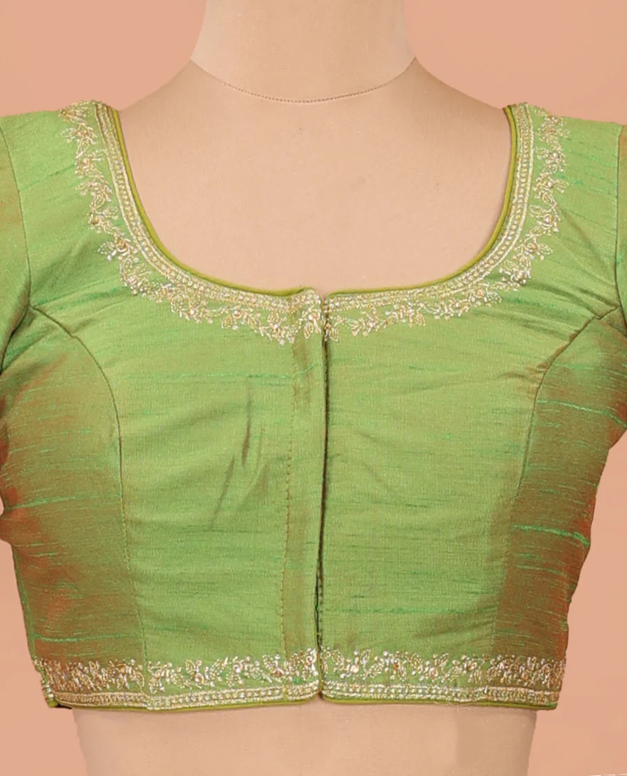 Parrot green embroidered front-back round neck elbow sleeve blouse - Image 2
