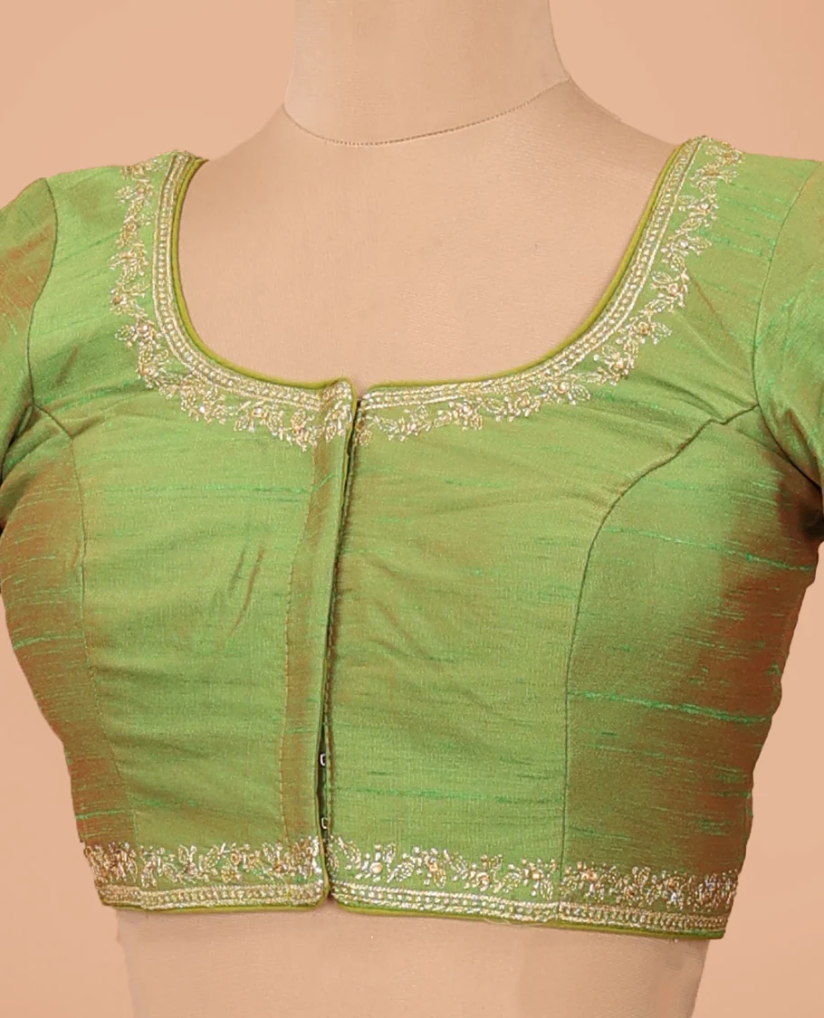 Parrot green embroidered front-back round neck elbow sleeve blouse - Image 3