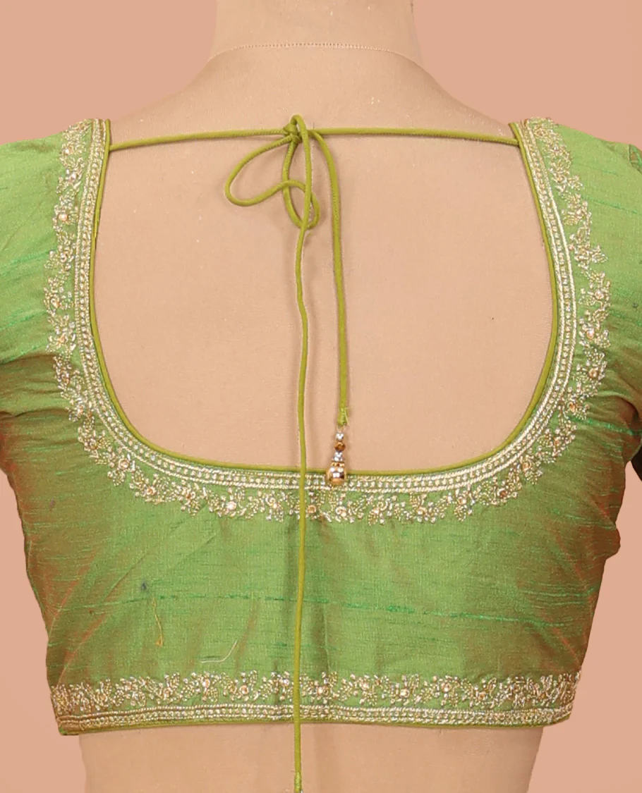 Parrot green embroidered front-back round neck elbow sleeve blouse - Image 4