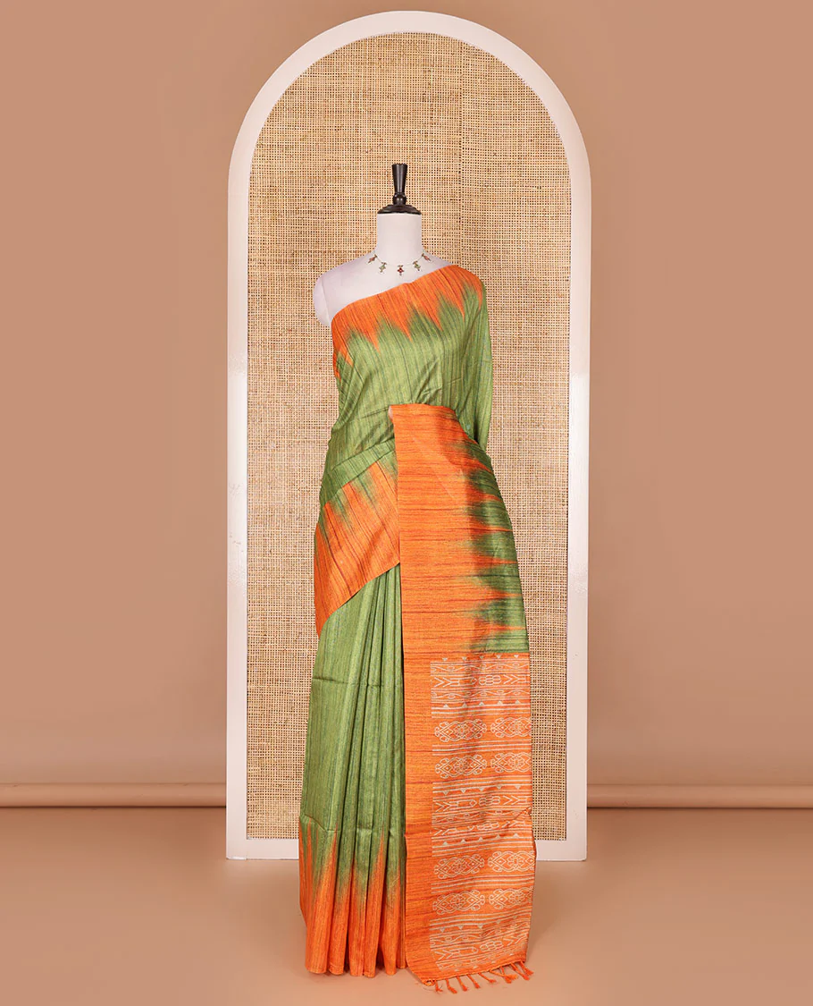 Parrot green full plain katan silk saree, contrast temple border, odisha style printed pallu, and contrast plain blouse - Image 2