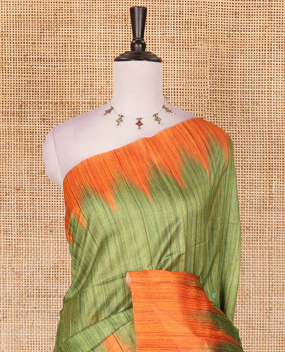 Parrot green full plain katan silk saree, contrast temple border, odisha style printed pallu, and contrast plain blouse - Image 3
